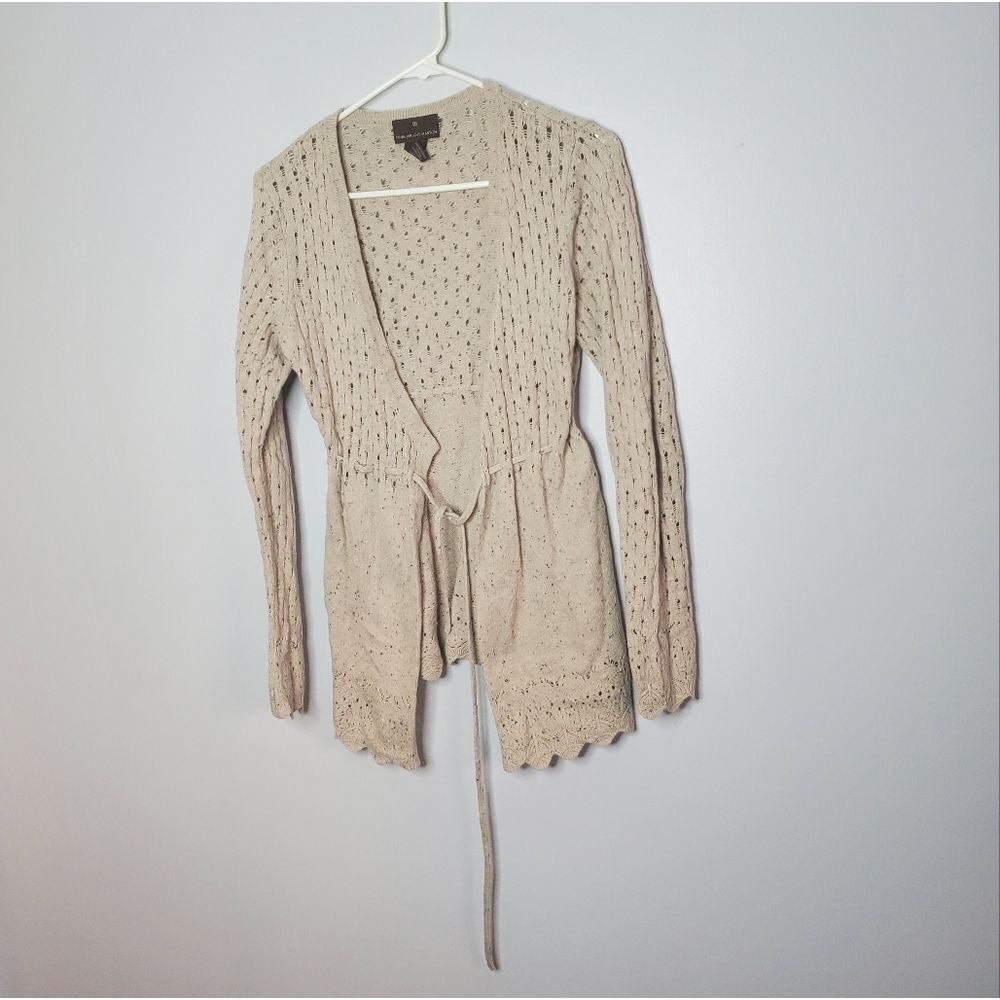 Fenn Wright Manson M Cardigan Tan Eyelet Knit Front Tie Wrap Coastal Beach Boho
